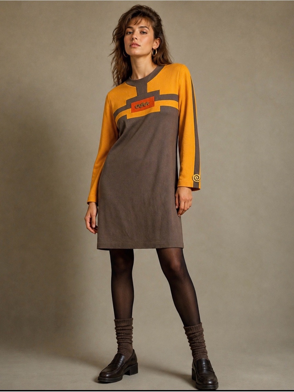 Vintage 80s/90s STEVE FABRIKANT Womens M Wool Colorblock Dress Brown Yellow